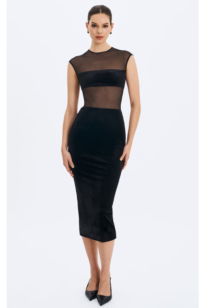 Quielle Mesh and Velvet Midi Bodycon Dress, Main, color, Black