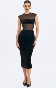 Miss Circle Quielle Mesh and Velvet Midi Bodycon Dress