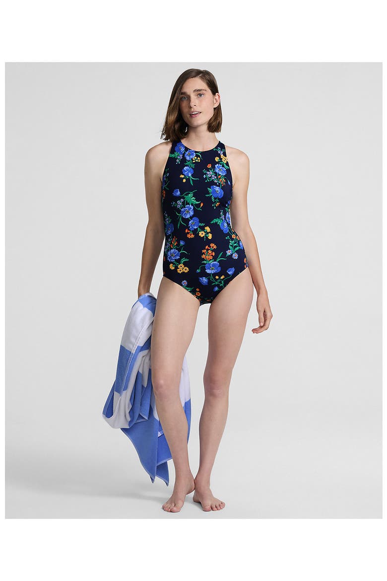 Long Tugless High Neck Portrait Back One Piece Swimsuit, Alternate, color, Navy/Tossed Poppy Floral
