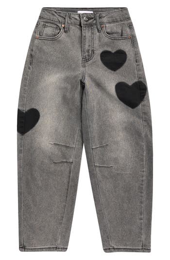 Ymi Kids' Heart Patch Barrel Leg Jeans In Black
