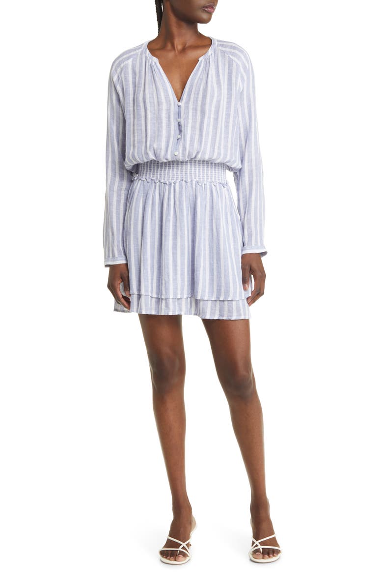 Rails Jasmine Stripe Smocked Waist Long Sleeve Linen Blend Dress, Main, color, 