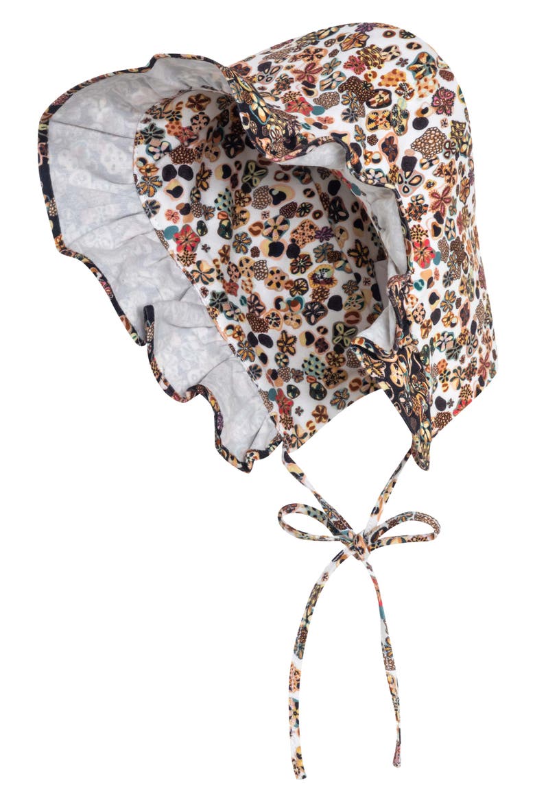 Print Scallop Trim Bonnet, Bib & Bloomers Set (Nordstrom Exclusive), Alternate, color, WHITE MUSHROOM