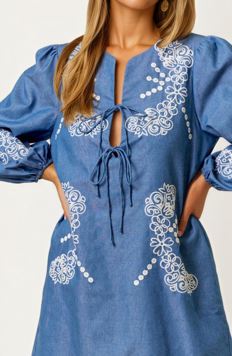 Knit and Lounge Embroidered Chambray Mini Dress, Alternate, color, Chambray Blue