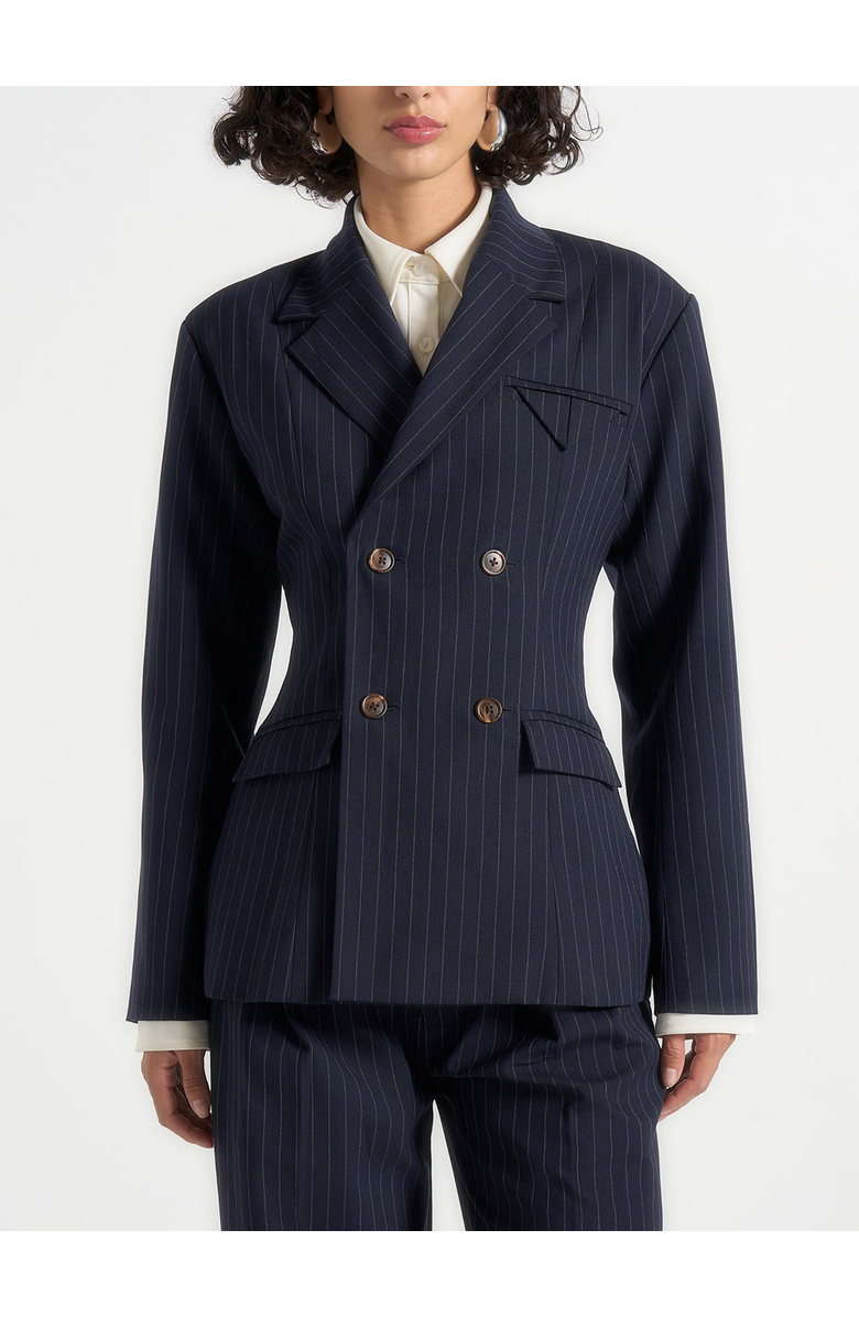 Manière De Voir Maia Pinstripe Double Breasted Blazer, Alternate, color, Navy