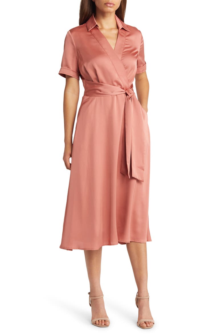 Short Sleeve Tie Waist Satin Midi Dress, Main, color, ROSE HIP