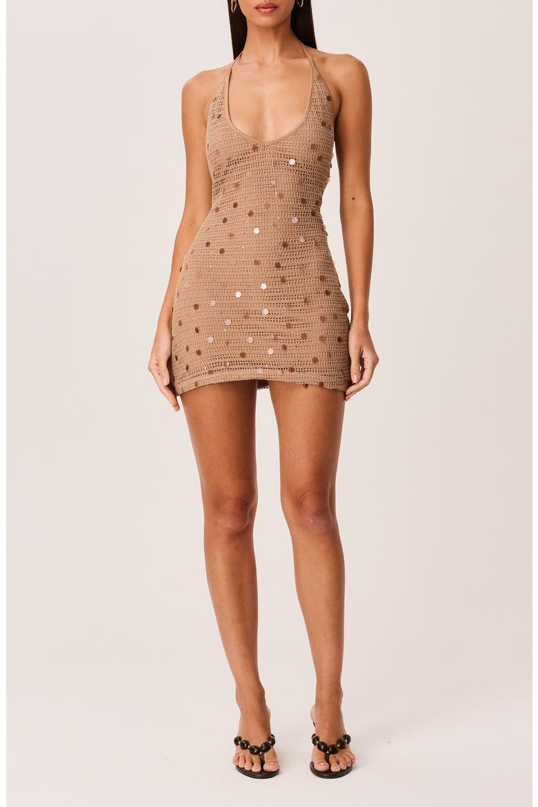 Kimali Sequined Crochet Halter Minidress, Main, color, MOCHA