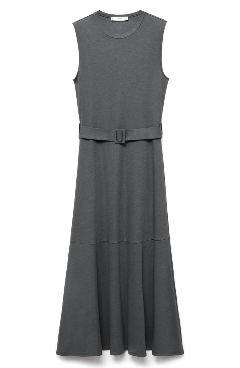 MANGO Belted Sleeveless Midi Dress, Main, color, Medium Heather Grey