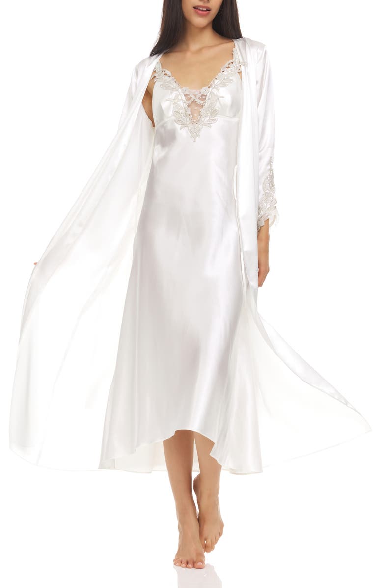 Flora By Flora Nikrooz Stella Belted Lace Trim Satin Robe, Alternate, color, Ivory