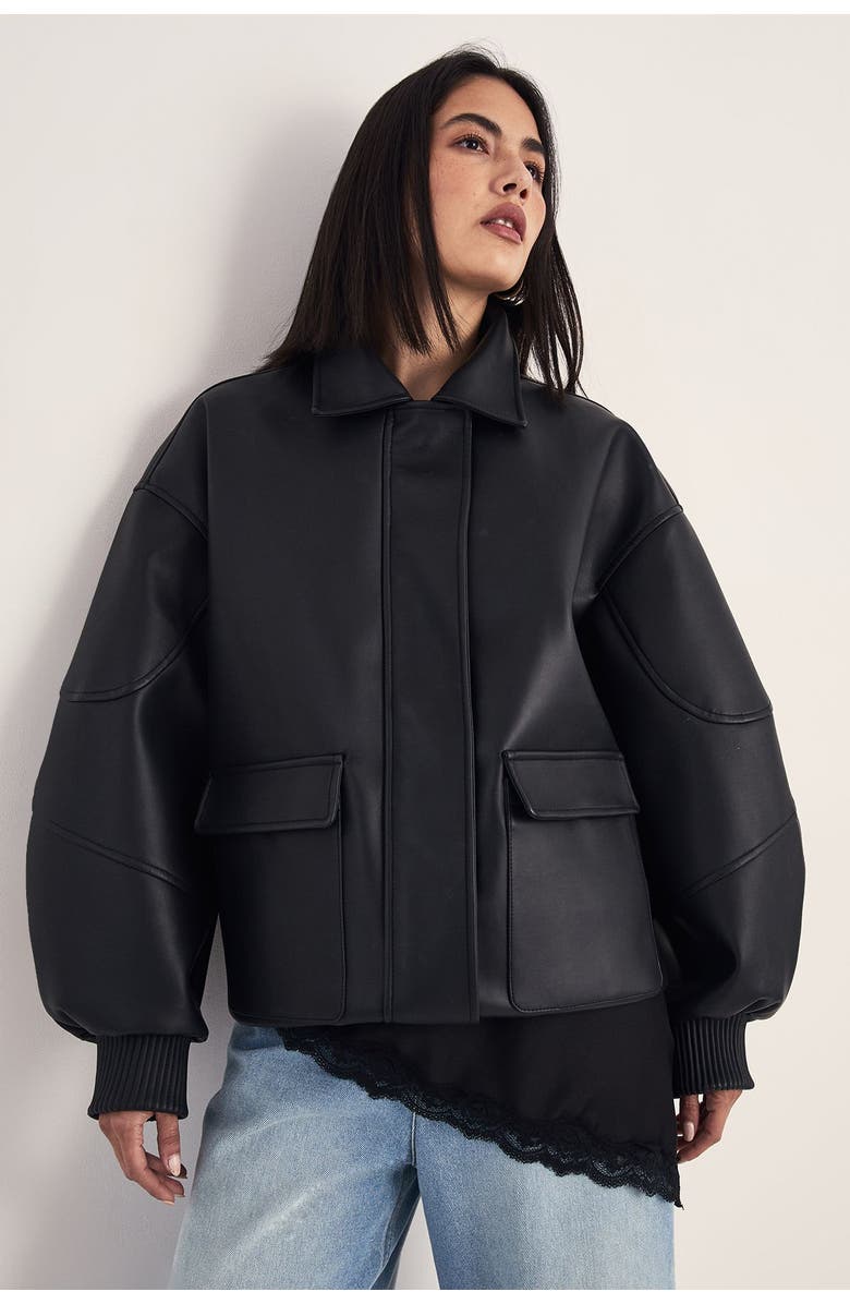 NASTY GAL Longline Faux Leather Bomber Jacket, Main, color, Black