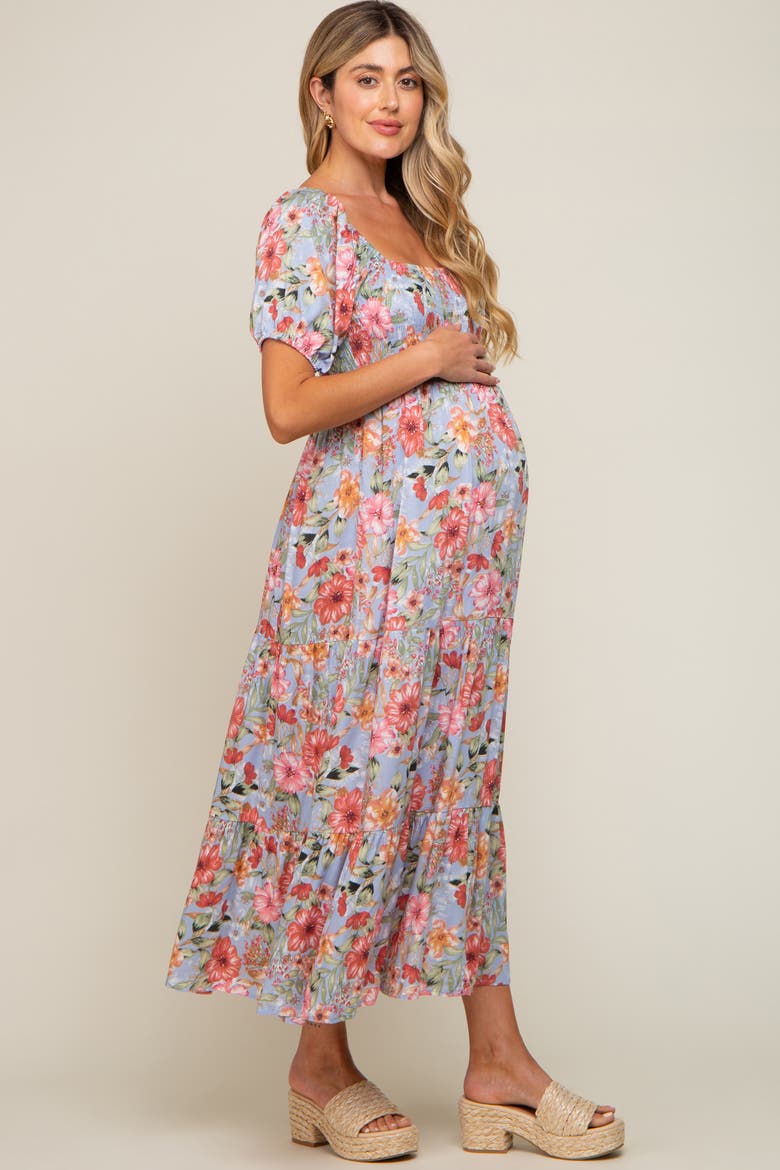 Floral Smocked Square Neck Tiered Maxi Dress, Alternate, color, Blue