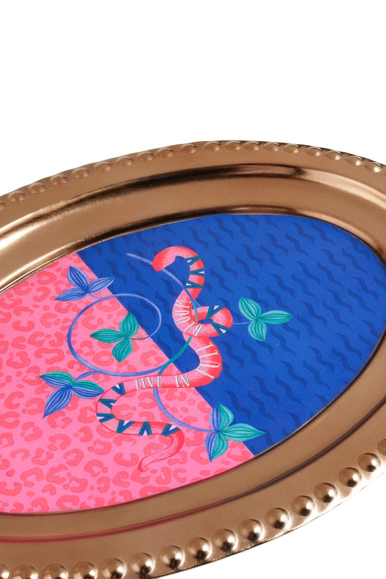 Nanpur Patterned Oval Metal Decorative Tray 12X8 In, Alternate, color, Pink