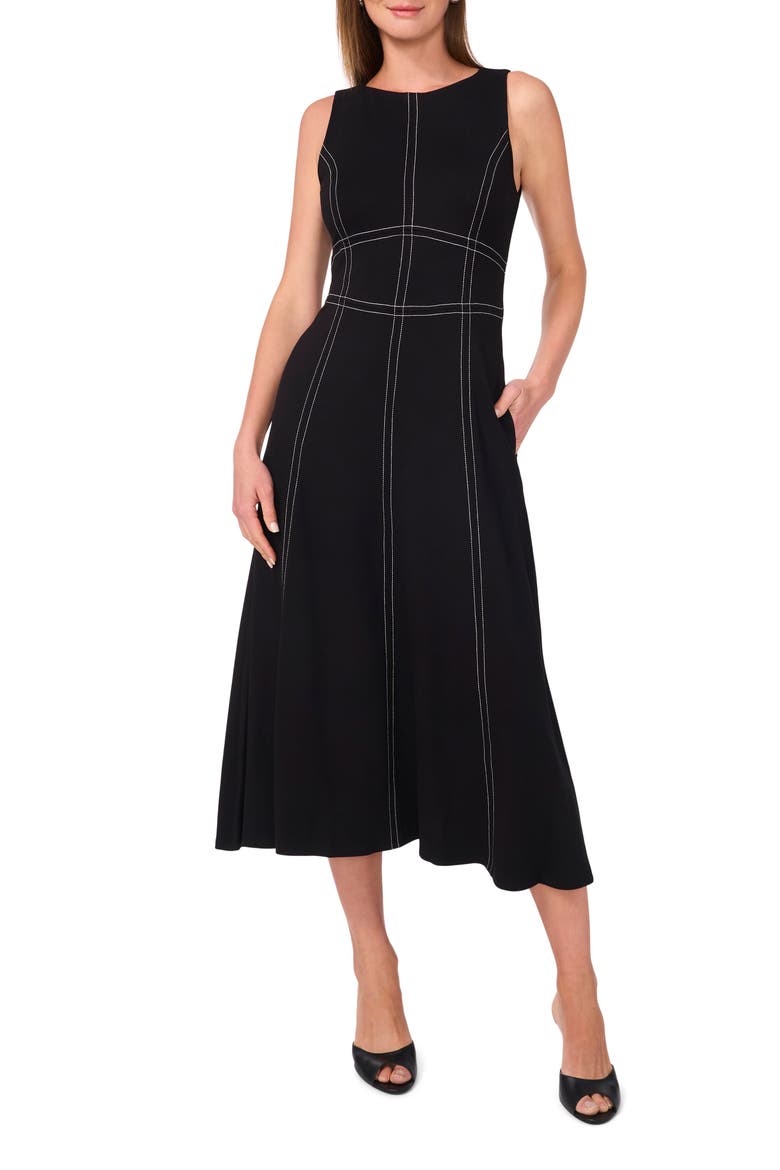 Contrast Topstitch Sleeveless Midi Dress, Main, color, RICH BLACK 060