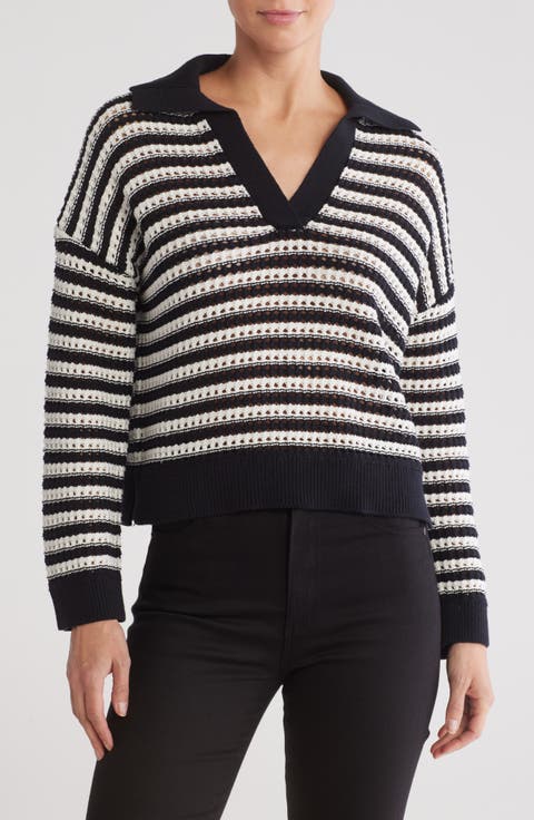 Stripe Open Knit Johnny Collar Sweater