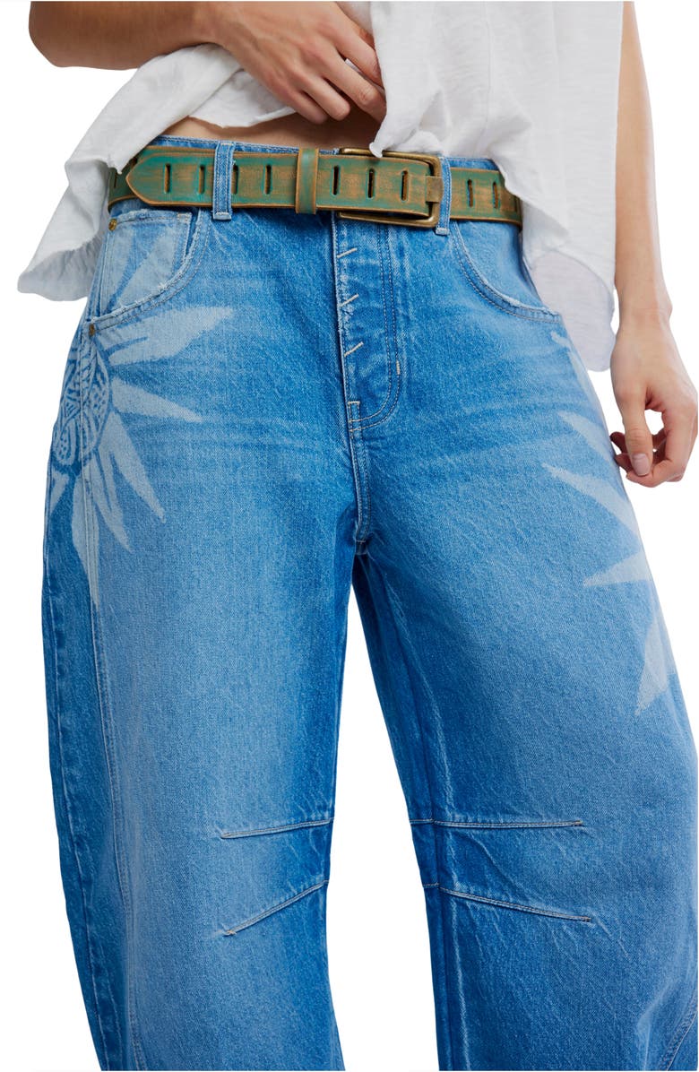 Free People Good Luck Floral Print Barrel Jeans, Alternate, color, Sun Fade Laser - Fad