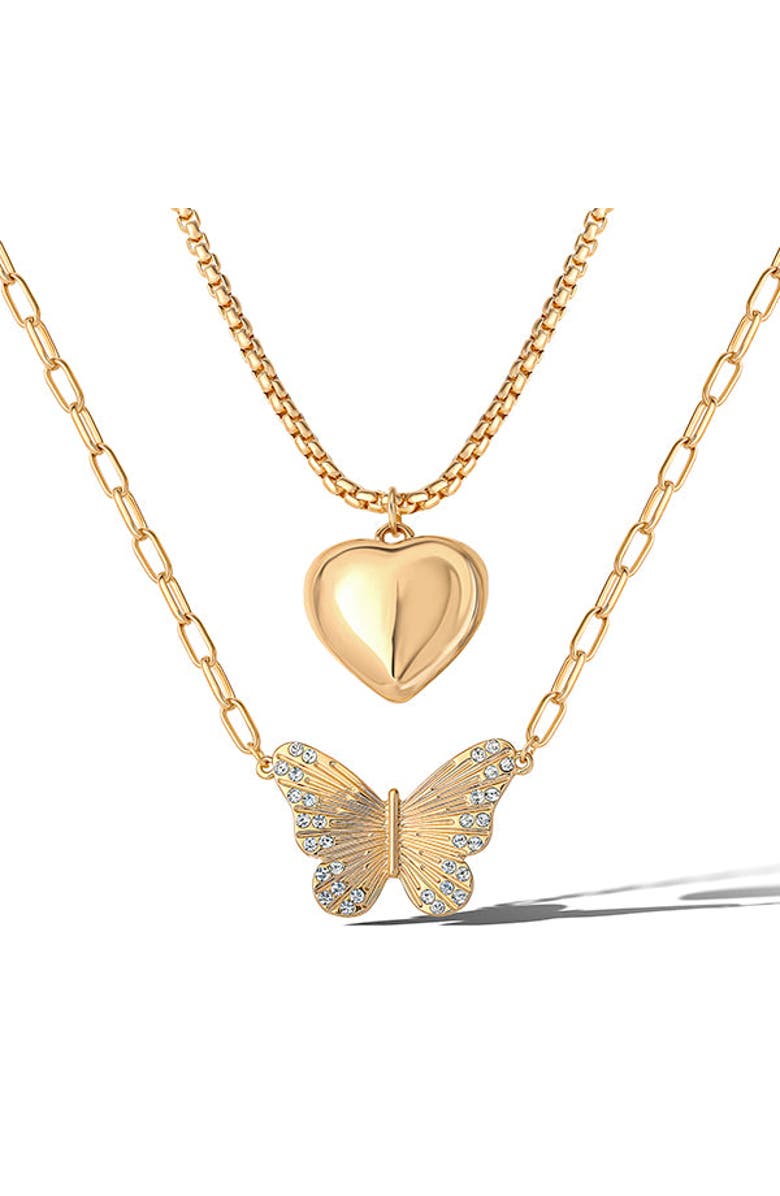 Jessica Simpson Butterfly and Heart Layered Necklace, Main, color, Gold