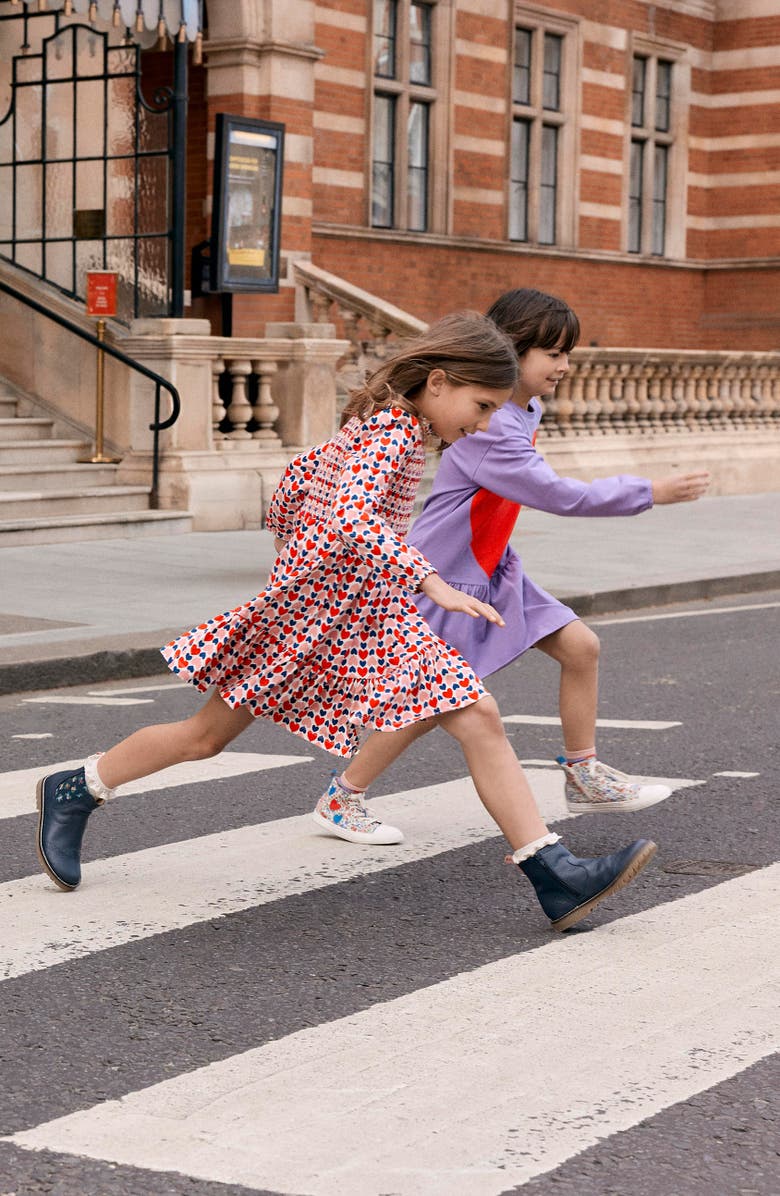 Mini Boden Kids' Heart Print Twirly Smocked Long Sleeve Cotton Dress, Alternate, color, Poppy Red Geo Heart