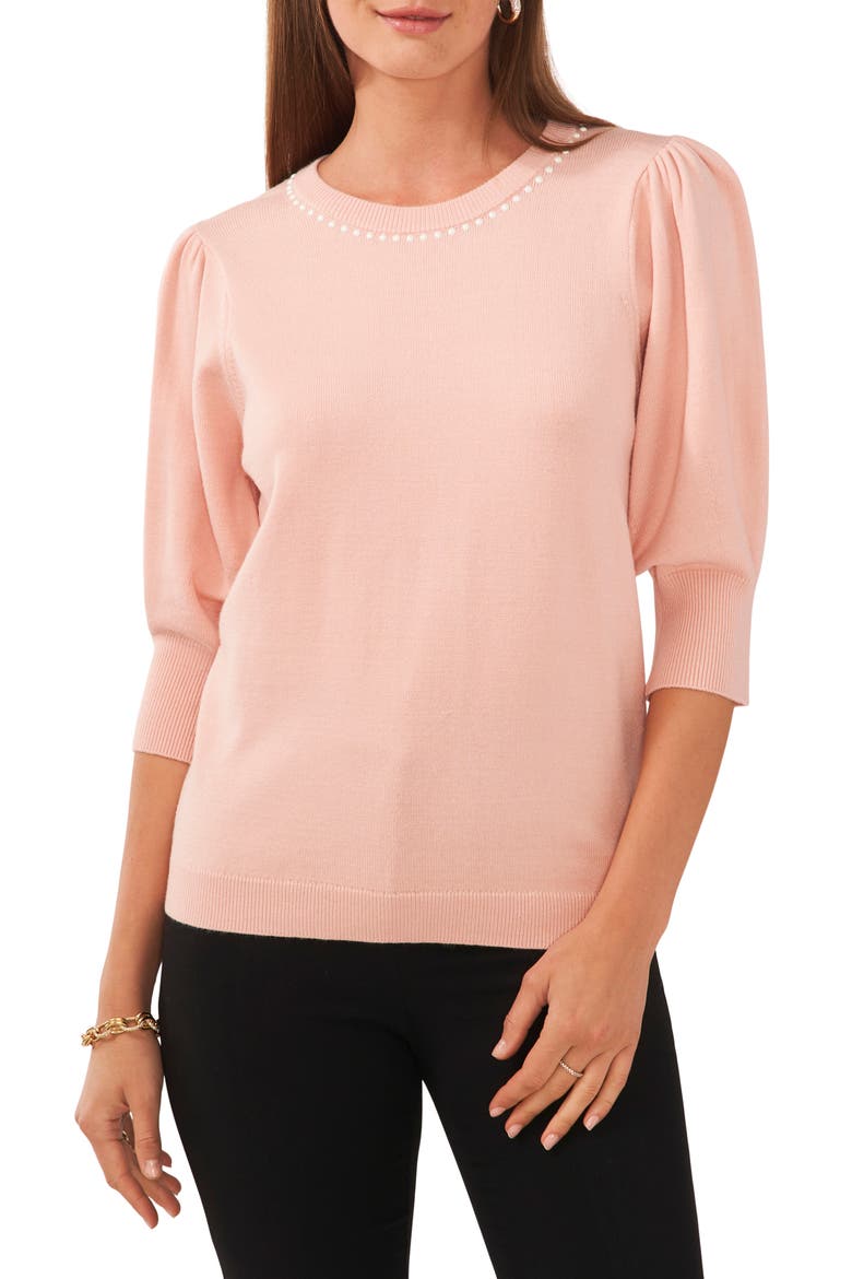 Beaded Collar Puff Sleeve Sweater, Main, color, MISTY PINK