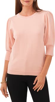 Chaus Beaded Collar Puff Sleeve Sweater