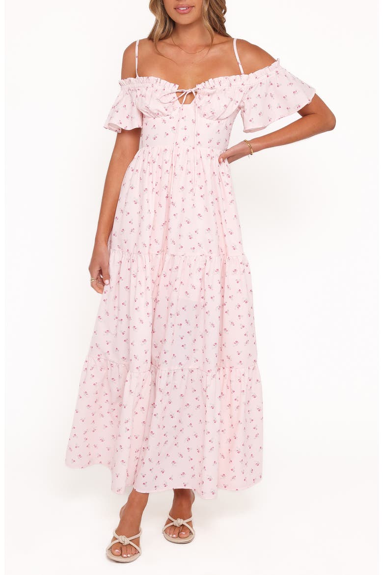 long ditsy floral dress White & Pink Ditsy Floral Tiered Crochet Lace Boho Maxi Dress