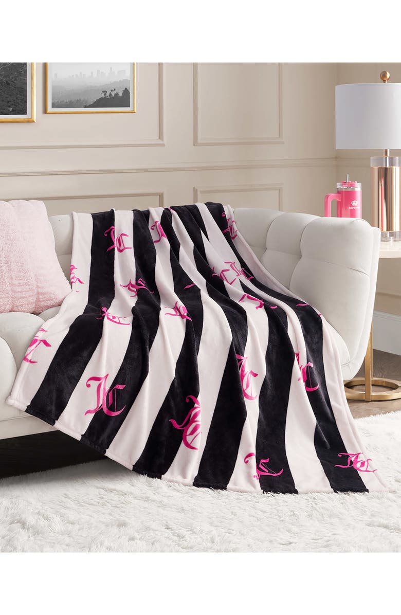 Juicy Couture Cabana Hot Plush Throw Blanket, Alternate, color, Black