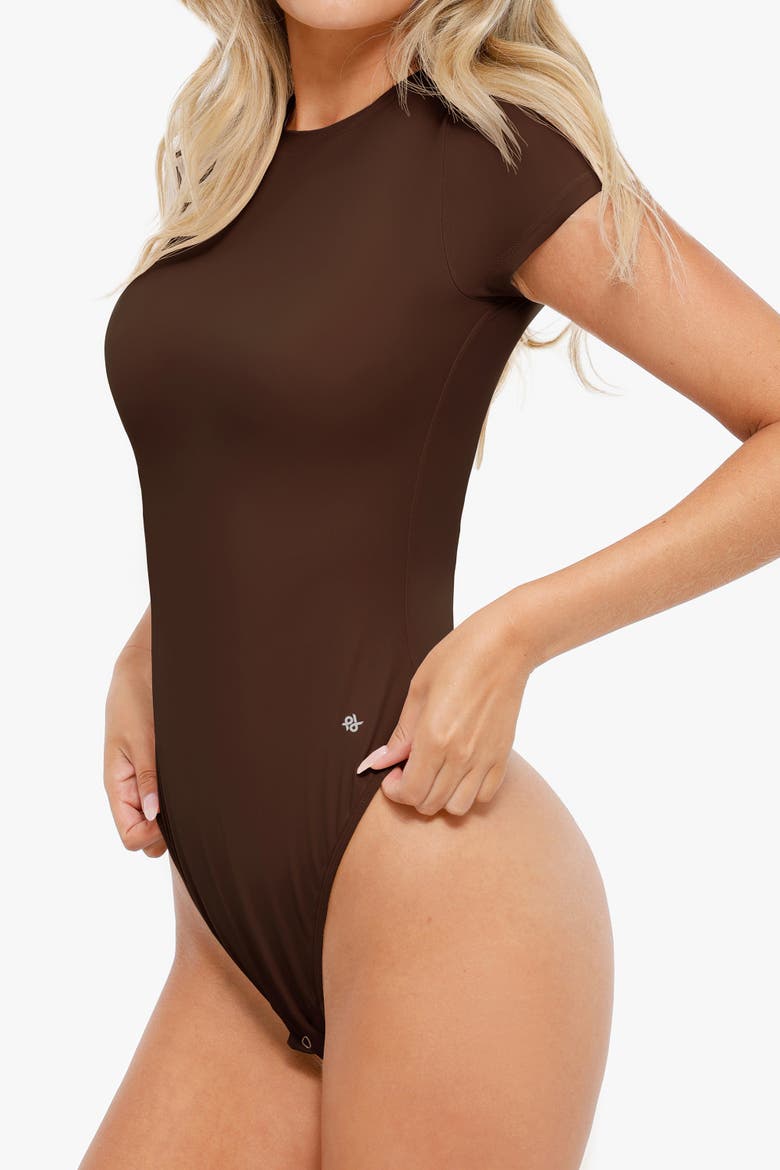 CloudSense Short Sleeve Crew Neck Tummy Control Shapewear Bodysuit, Alternate, color, Deep Coffee