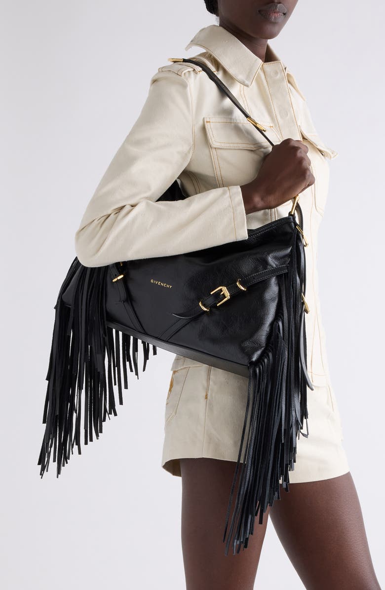 Givenchy Medium Voyou Fringe Leather Hobo Bag, Alternate, color, 001-Black