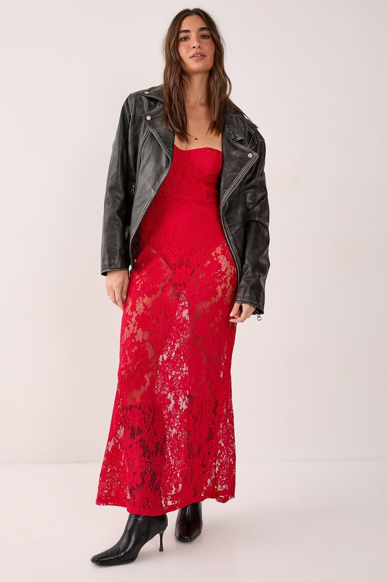 Lace Bandeau Sheer Maxi Dress, Alternate, color, Red
