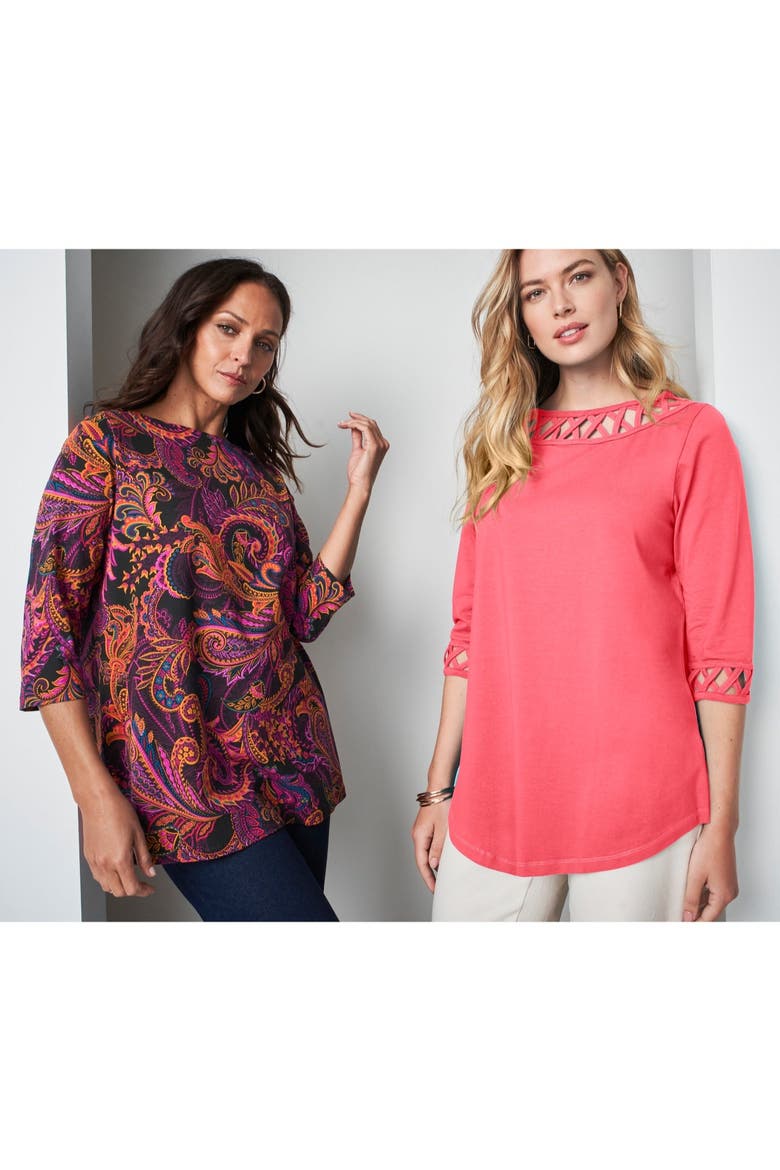 Stretch Cotton Lattice Boatneck Tunic, Alternate, color, PINK BURST