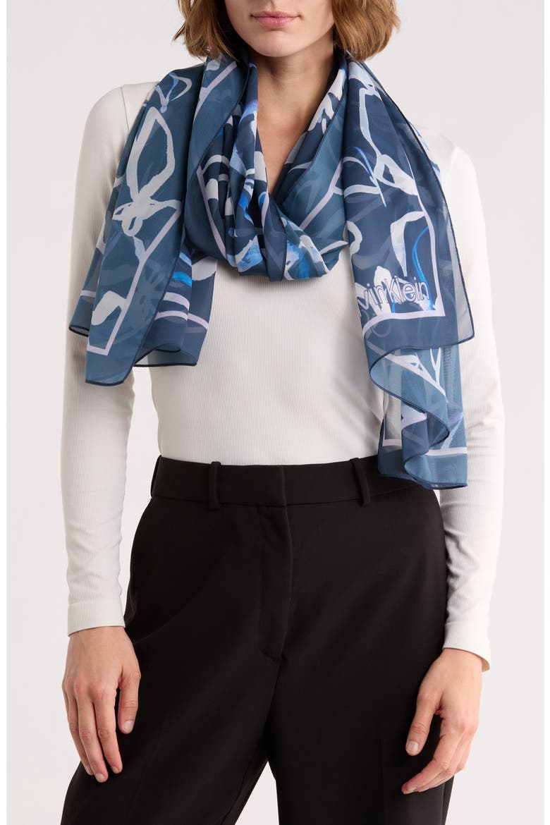 Floral Chiffon Scarf, Main, color, INDIGO