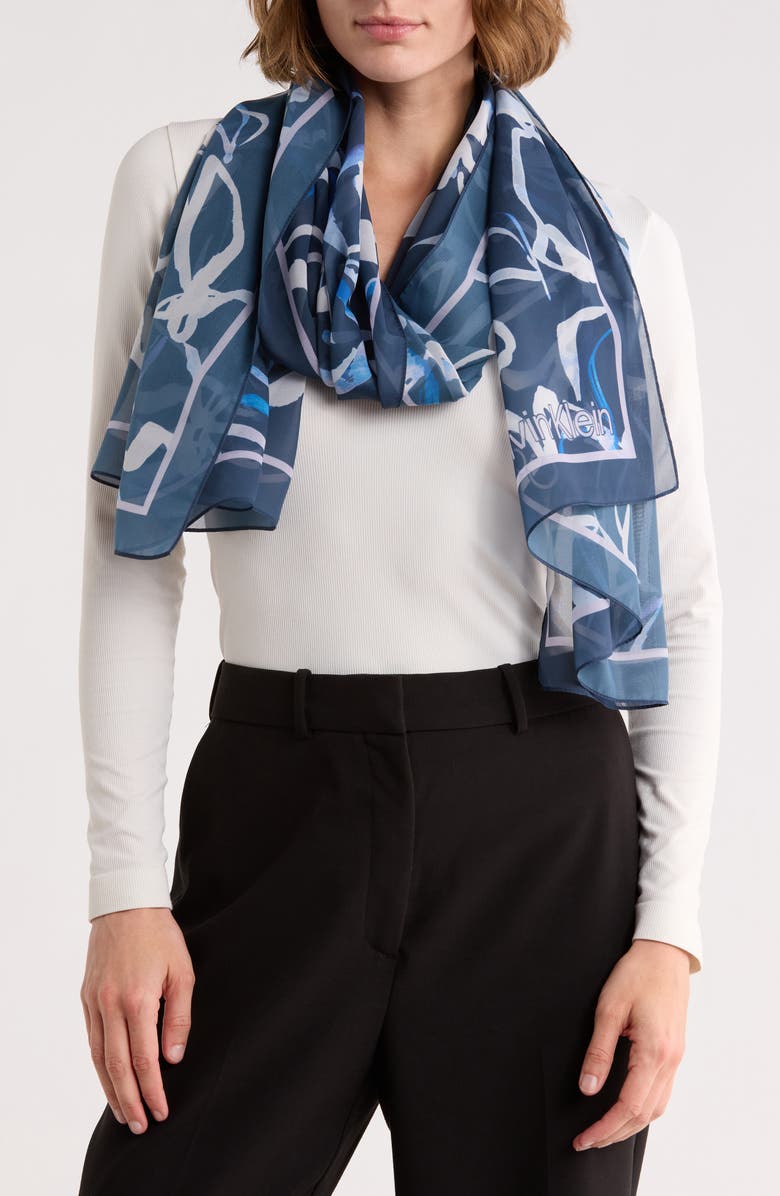 Calvin Klein Floral Chiffon Scarf, Main, color, Indigo