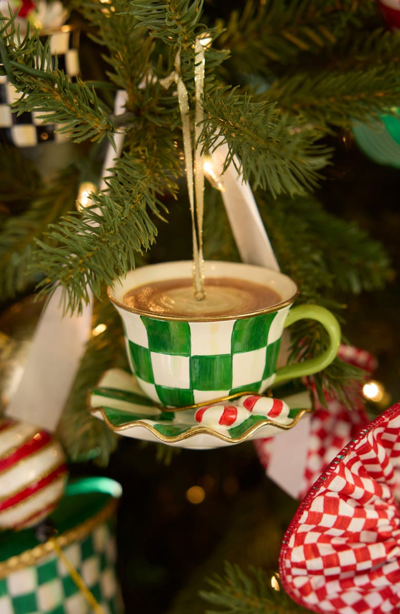 MACKENZIE CHILDS Set of 3 Check It Out Teacup Glass Ornaments, Alternate, color, Green/ Black/ Red