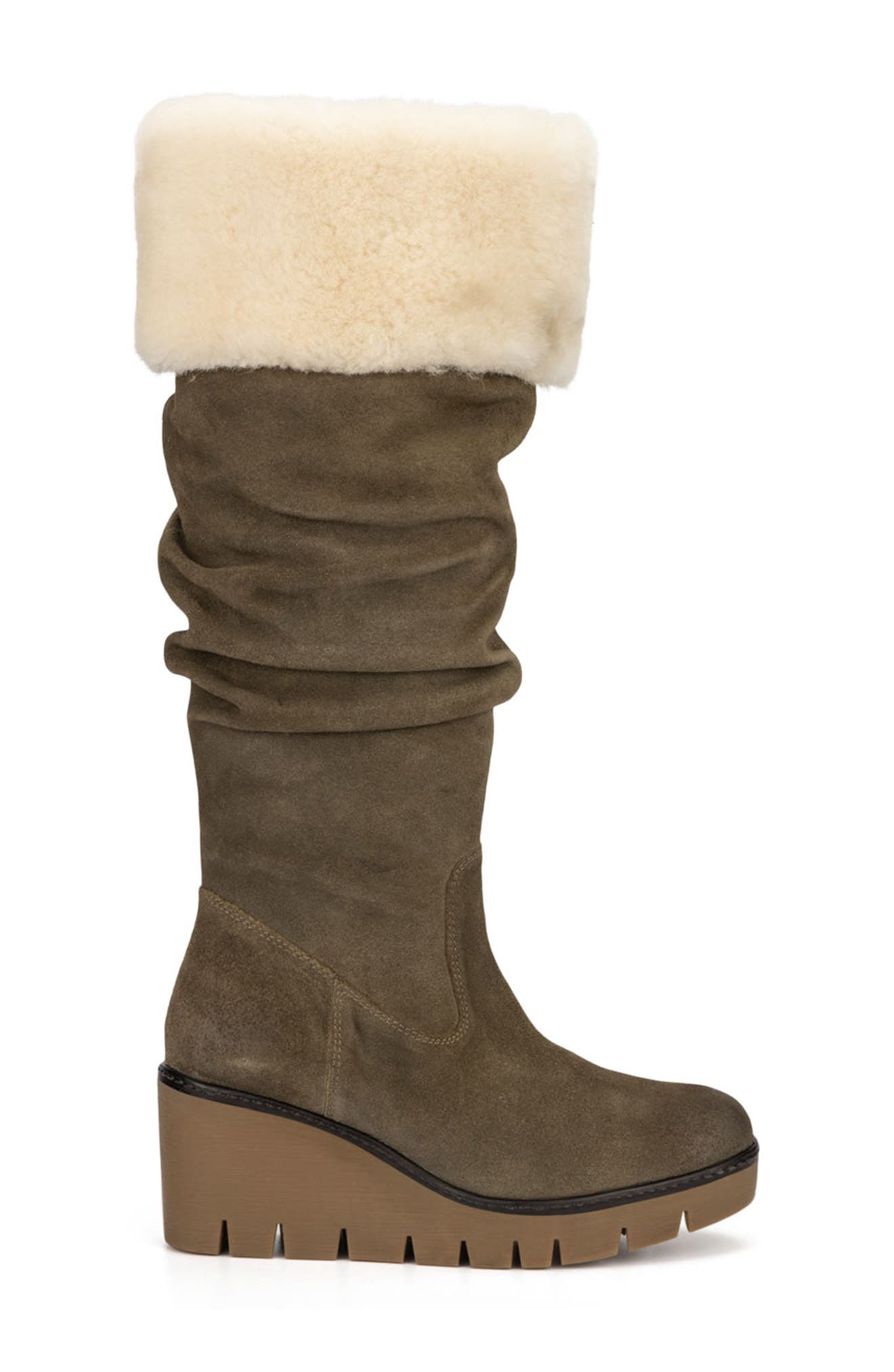 VINTAGE FOUNDRY Arabella Faux Fur Trimmed Wedge Boot, Alternate, color, Olive