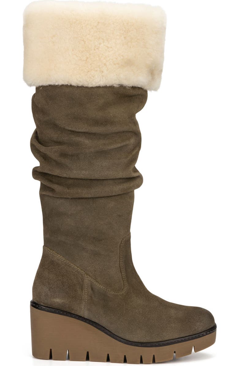 VINTAGE FOUNDRY Arabella Faux Fur Trimmed Wedge Boot, Alternate, color, Olive