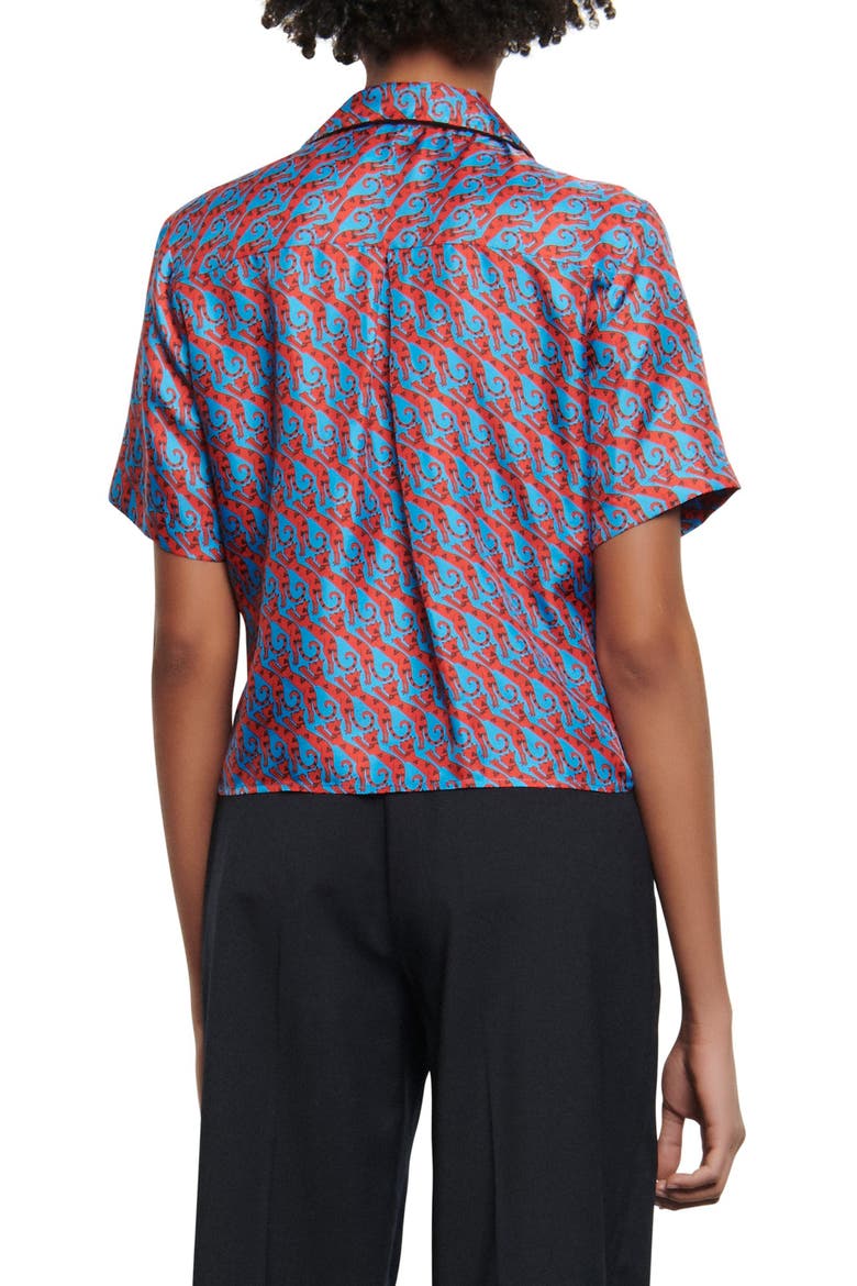 Caty Cat Print Short Sleeve Silk Shirt, Alternate, color, BLUE / RED