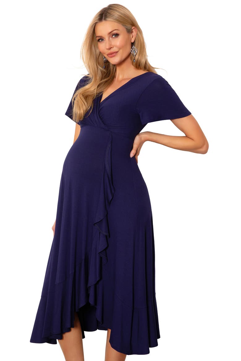 Waterfall Faux Wrap Maternity/Nursing Midi Dress, Alternate, color, ECLIPSE BLUE