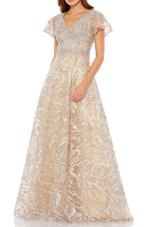 Embellished Illusion Butterfly Sleeve A-Line Gown