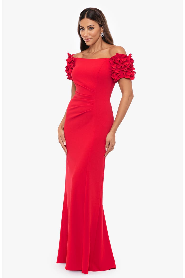 Ruffle Off the Shoulder Scuba Crepe Gown, Alternate, color, RED