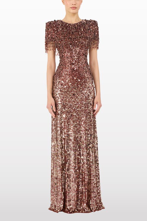 Jenny Packham Eugenie Sequin Fringed Maxi Dress In Brown