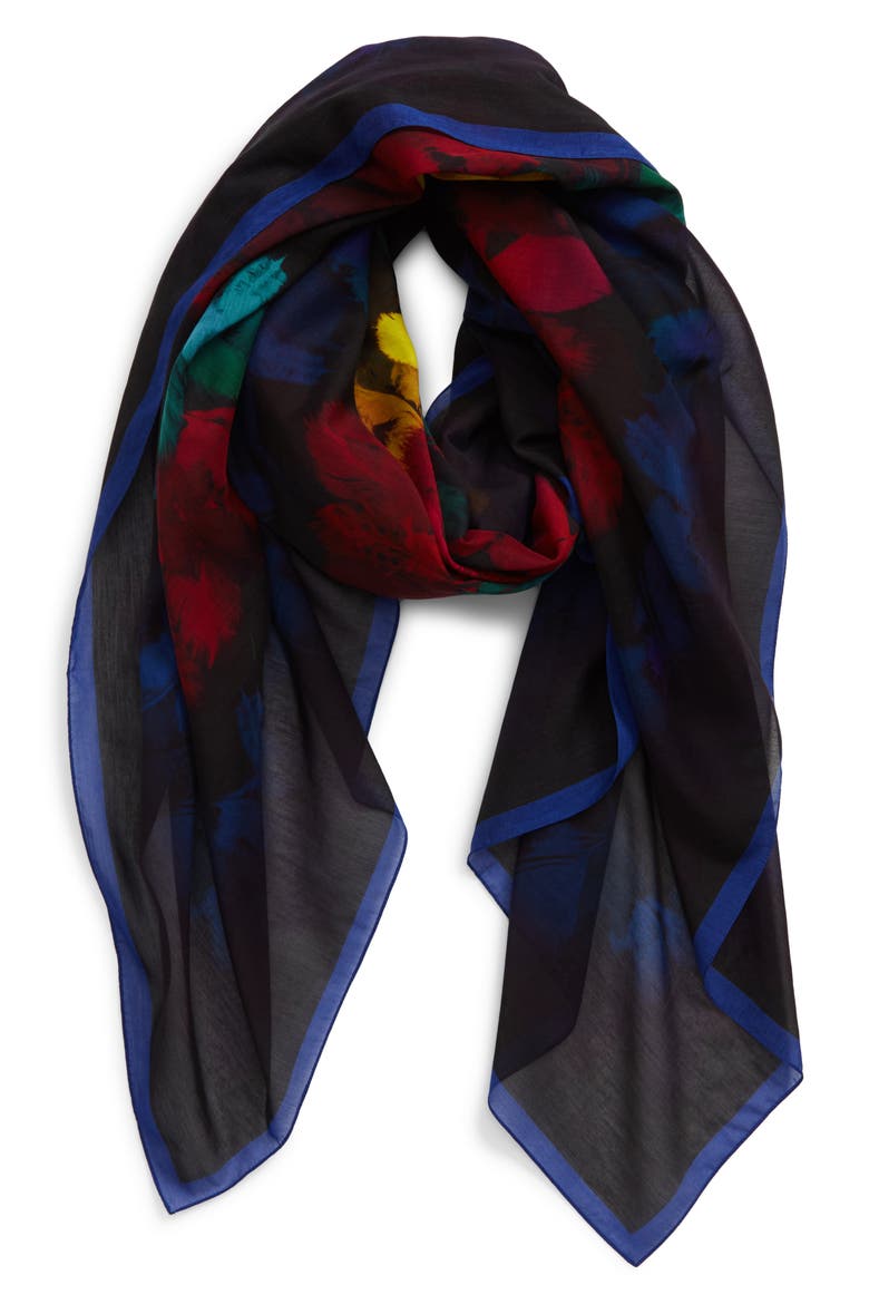 Alexander McQueen Feather Border Pareo, Alternate, color, BLACK/ BLUE