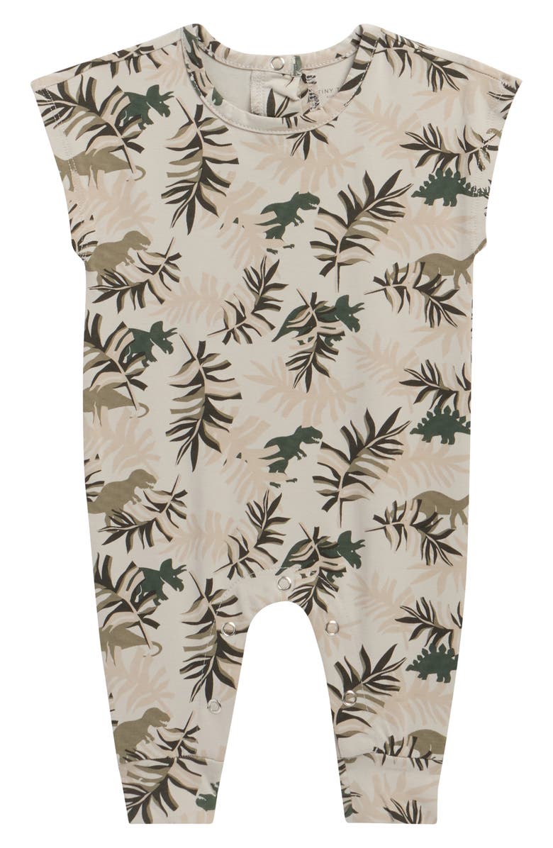 TINY TRIBE Dino Park Stretch Cotton Romper, Main, color, Beige Multi