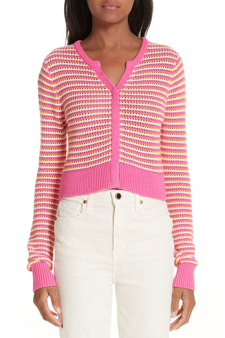 Stripe Cotton & Cashmere Button Cardigan, Main, color, WHITE PINK COMBO
