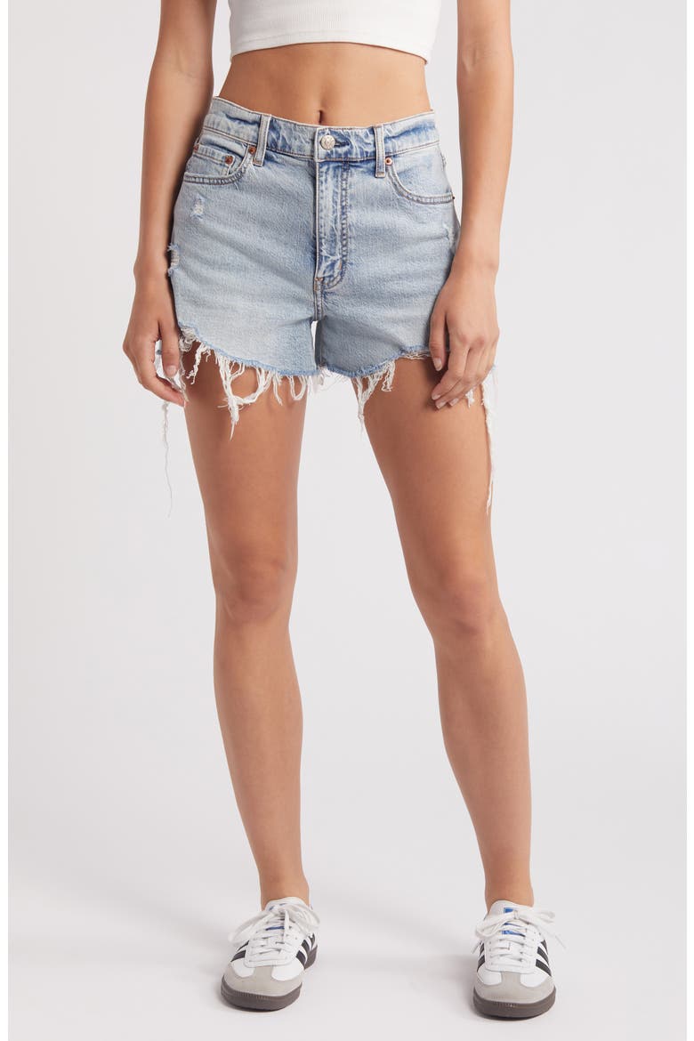 Troublemaker Distressed High Waist Denim Shorts, Main, color, JUST KISSED