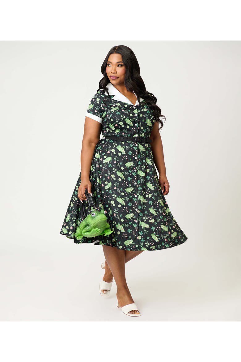 Plus Size Collared Short Sleeved Belted Alexis Swing Dress, Alternate, color, Black & Green Frog Print
