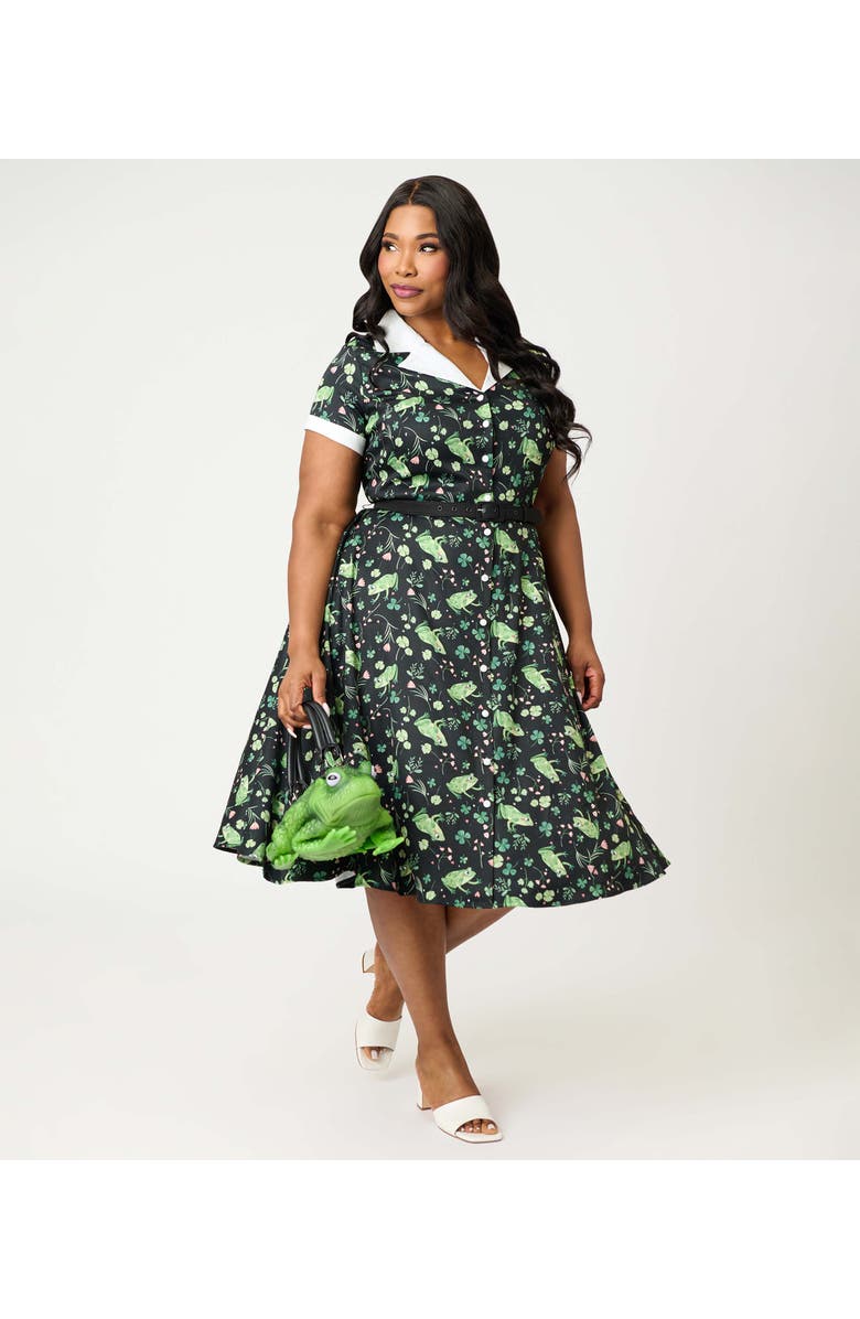 Unique Vintage Plus Size Collared Short Sleeved Belted Alexis Swing Dress, Alternate, color, Black & Green Frog Print