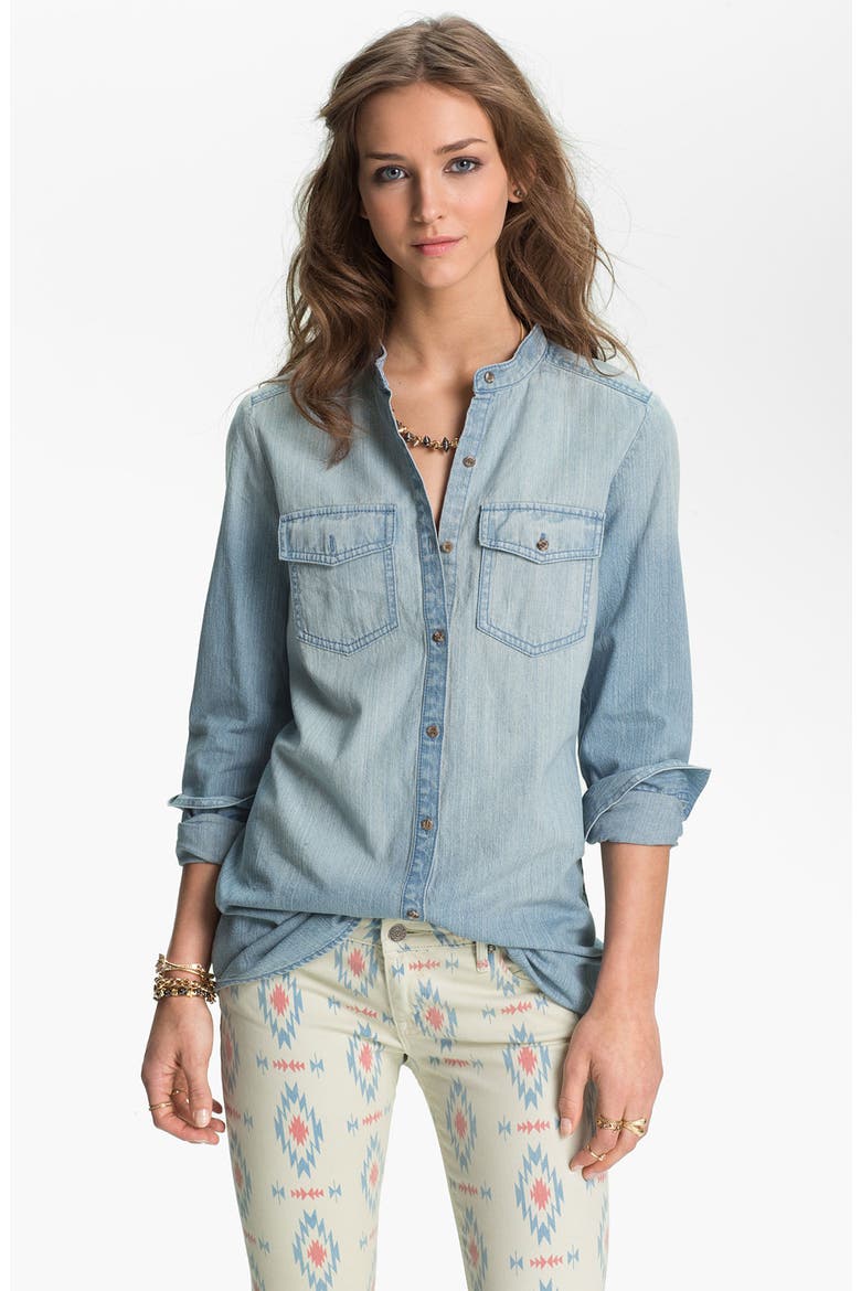 Banded Collar Chambray Shirt, Main, color, MEDIUM LIGHT WASH