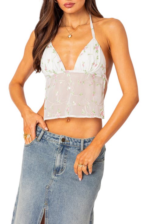 Embroidered Floral Open Back Crop Halter Top