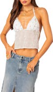 EDIKTED Embroidered Floral Open Back Crop Halter Top