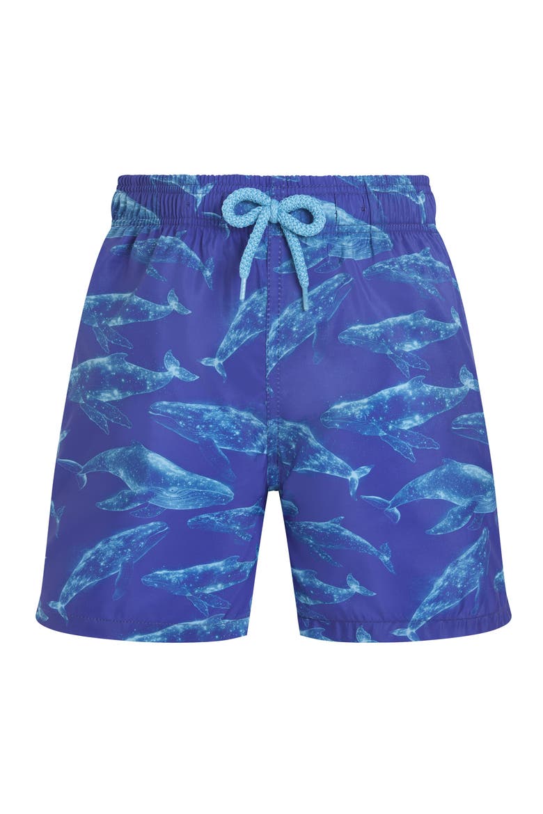 Boys Ultra-light and packable Swim Shorts Sparkling Whales, Main, color, Versailles