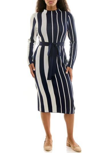 Nina Leonard Colorblock Stripe Sweater Dress In Blue