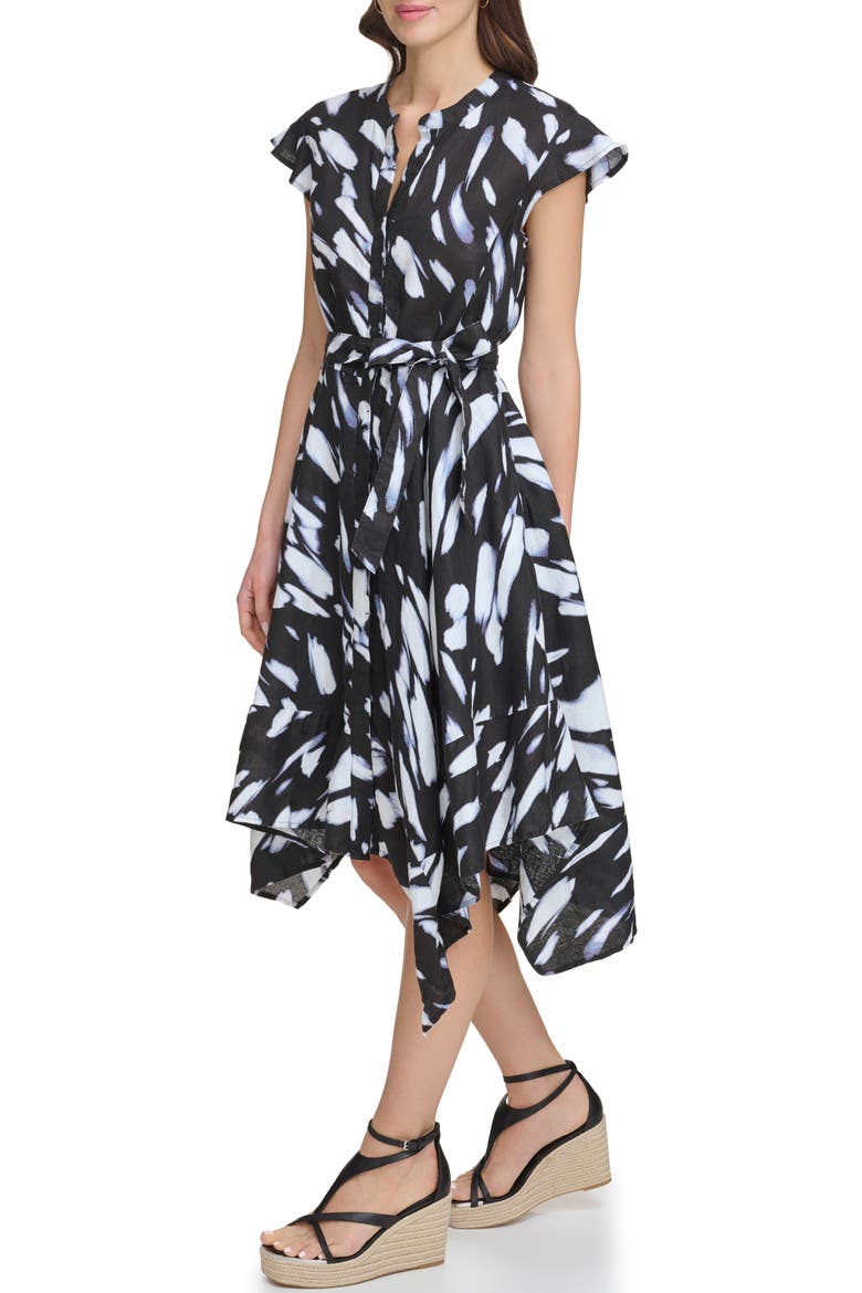 Print Cap Sleeve Linen Shirtdress, Alternate, color, BLACK/ WAVE BLUE MULTI